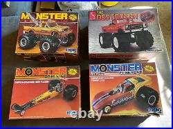 4 vintage 80s MPC and AMT monster truck, funny car model kits. Unused in box